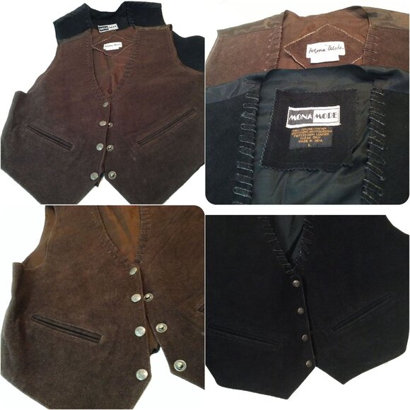 Lot(2) Mona Mode Suede Leather Vests Lady-L Pockets Lined Metal Snaps Brown Blac - Picture 8 of 10